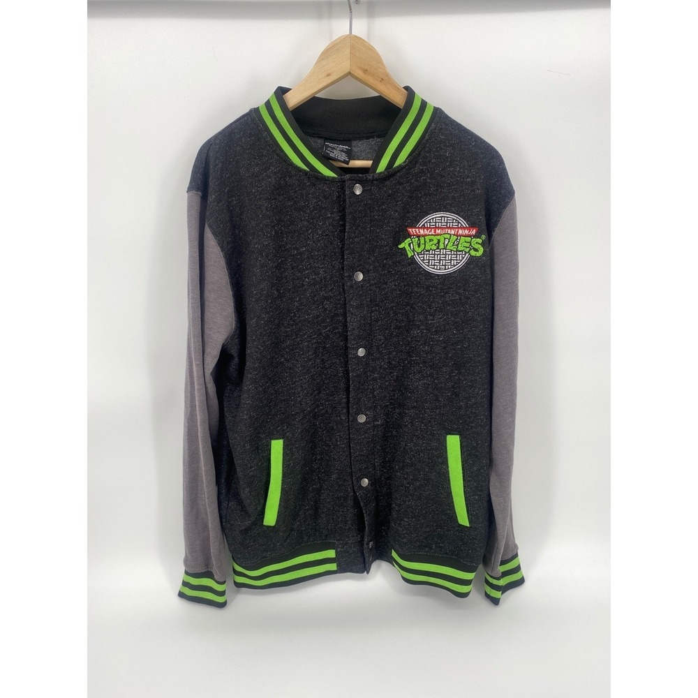 Nickelodeon TMNT Varsity Jacket Mens Large Charcoal‎ Green Excellent Snap Front